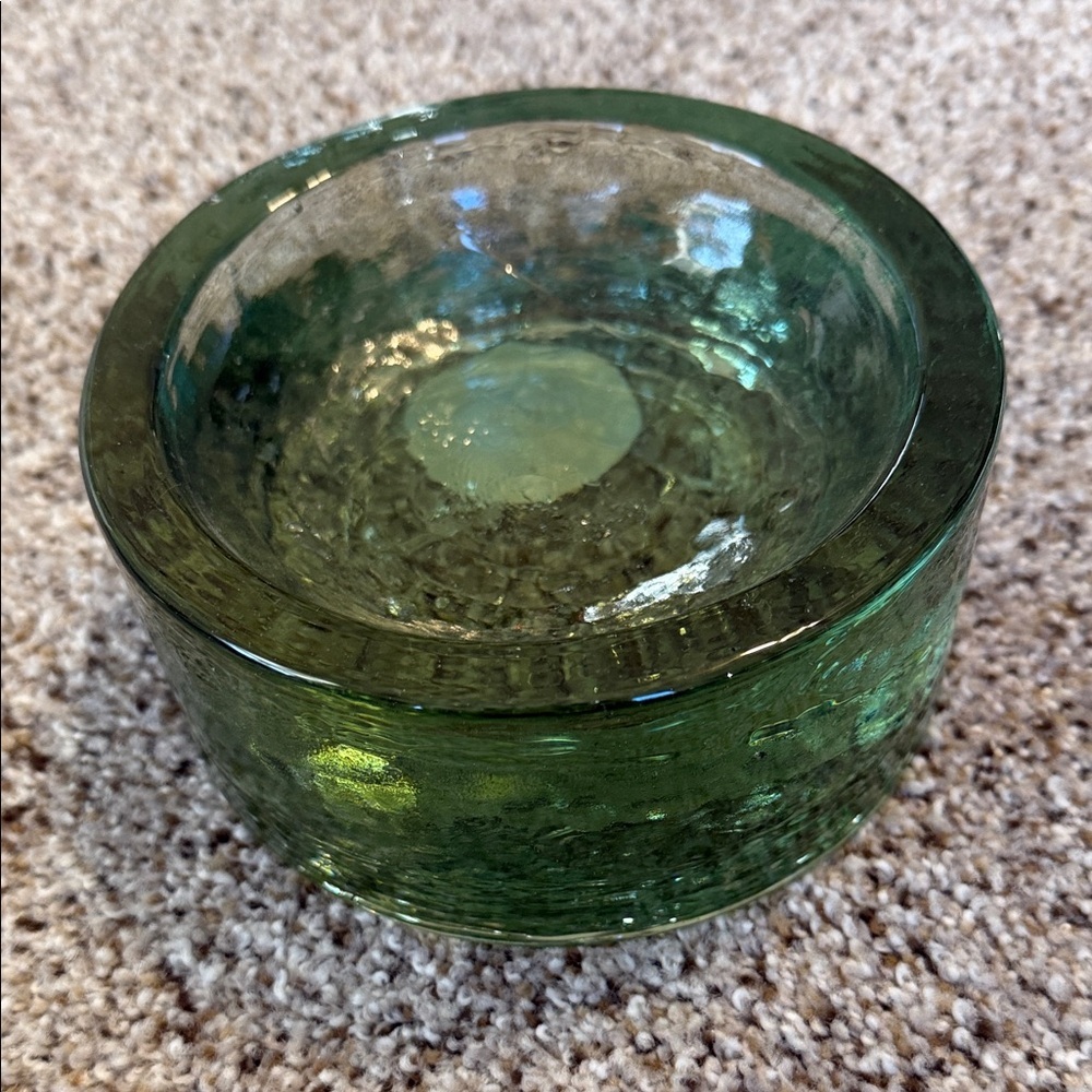 Pottery Barn Green Glass Pillar Candle Holder, 6”D x 3.5”H, EUC